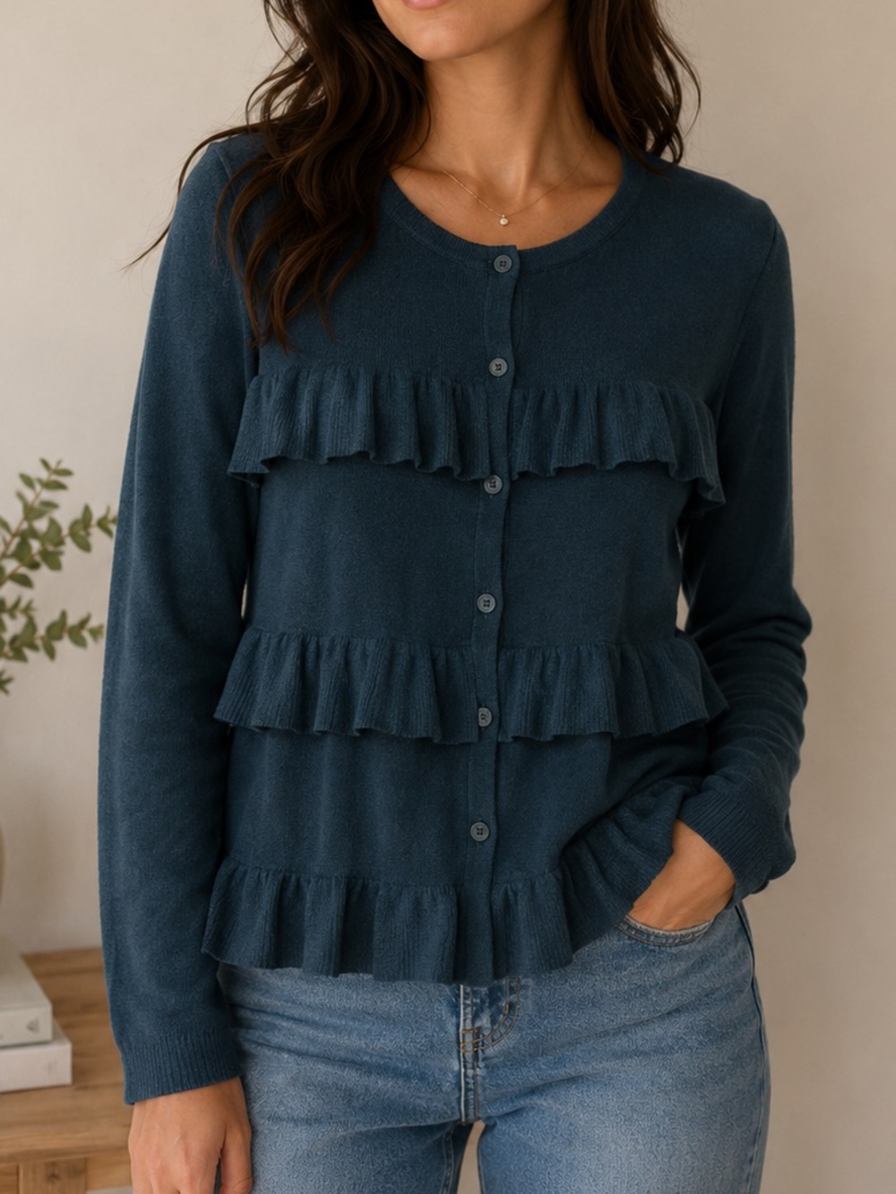 Ann Taylor Factory Ruffle Cardigan – Deep Teal – Size Large